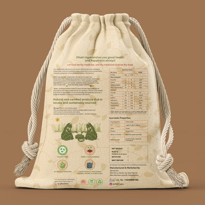 Beige drawstring bag with text and logos on a brown background