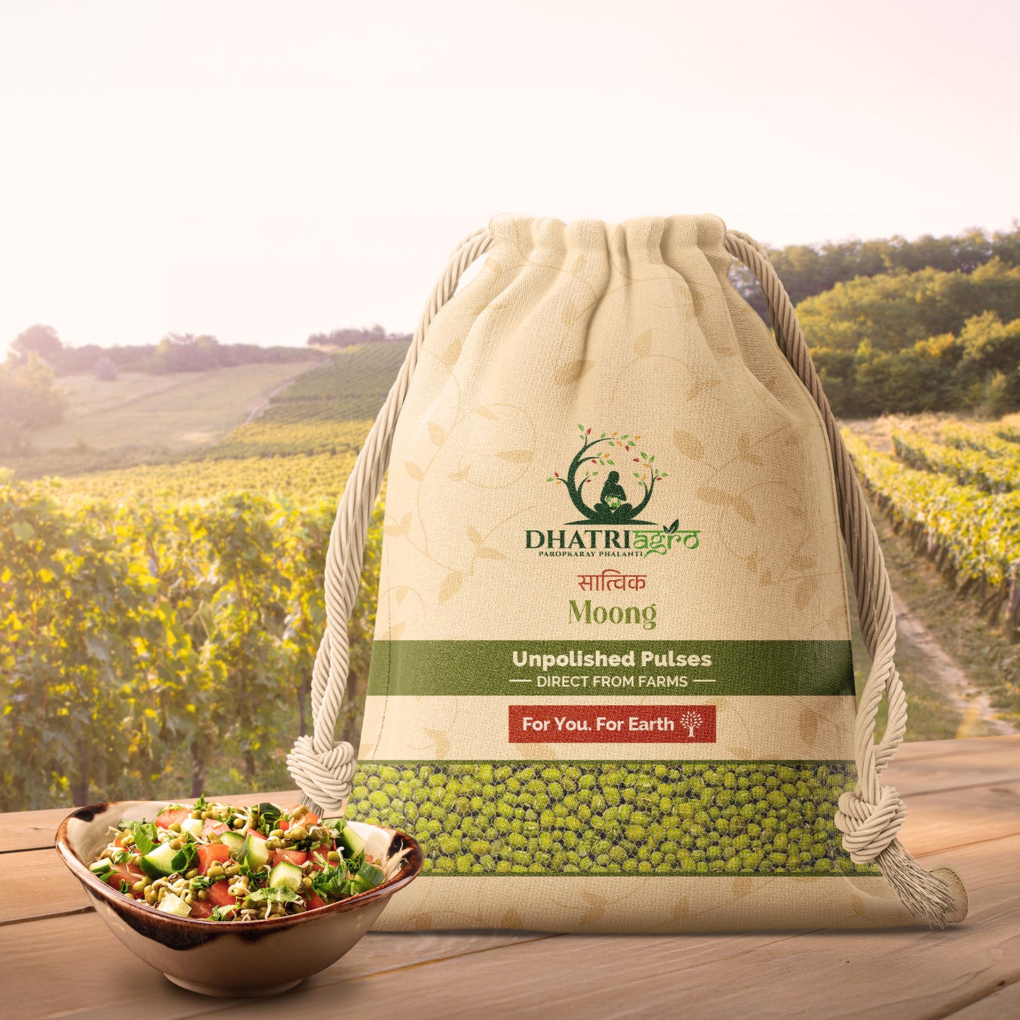 Dhatri Moong unpolished pulses package with a field background