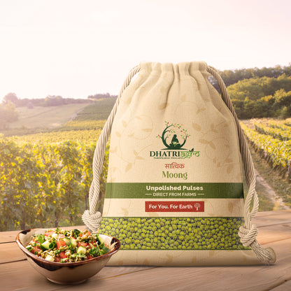 Dhatri Moong unpolished pulses package with a field background