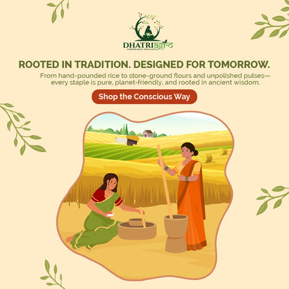 Advertisement for Dhatri Farms with two women in traditional attire working in a field, promoting organic and traditional farming practices.