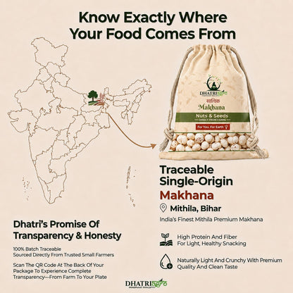 Dhatri Premium Phool Makhana (Fox Nuts) | Single Origin Mithila, Bihar | Traditionally Processed | Healthy Vrat & Fasting Snack | Naturally Rich in Protein & Fibre | Gluten Free Lotus Seeds 100Gram